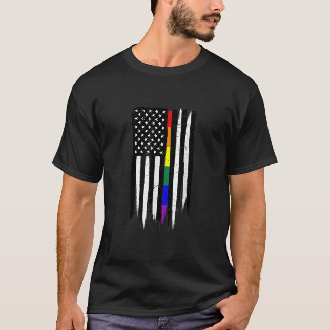 T-shirt Drapeau américain LGBT Gay pride Thin Line  (Devant)