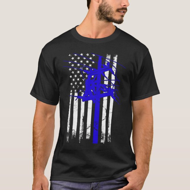 T-shirt Drapeau américain Lineman Câble électrique pour Pa (Devant)