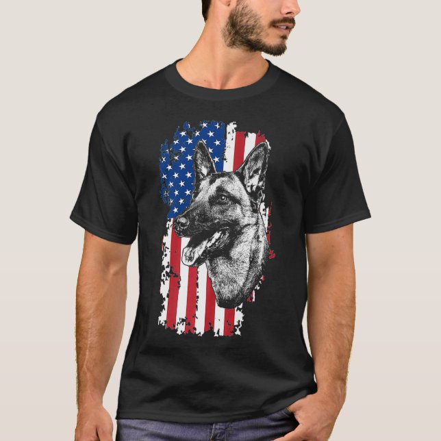 T-shirt Drapeau américain Malinois belge K9 Chien de polic (Devant)