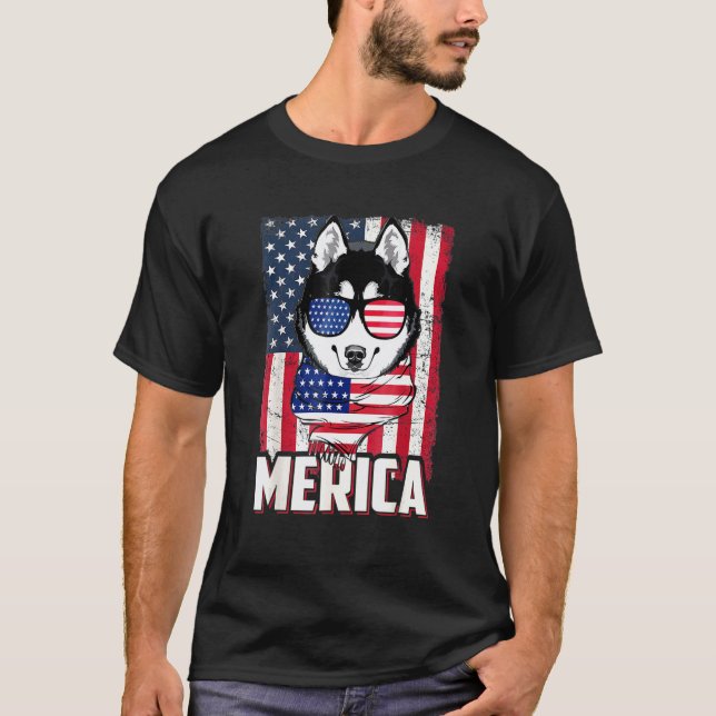 T-shirt Drapeau Américain Merica Husky 4 Juillet (Devant)