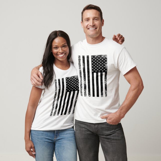 T-shirt Drapeau américain noir et blanc en détresse (Unisexe)