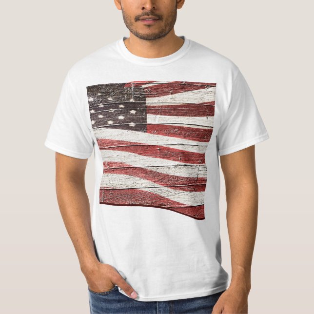 T-shirt Drapeau américain peint sur la texture du bois (Devant)