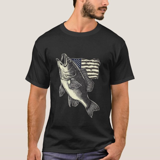 T-shirt Drapeau américain Poisson Monochrome Pêche rustiqu (Devant)