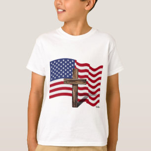 T-shirt Drapeau américain qui flotte et croix robuste