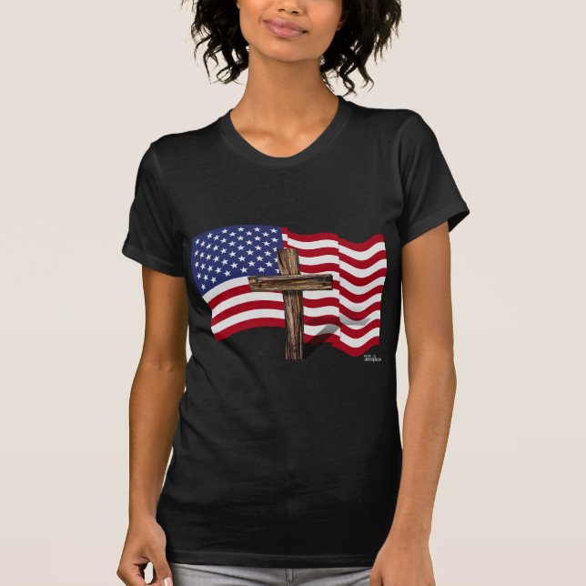 T-shirt Drapeau américain qui flotte et croix robuste (Devant)