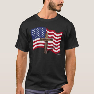 T-shirt Drapeau américain qui flotte et croix robuste
