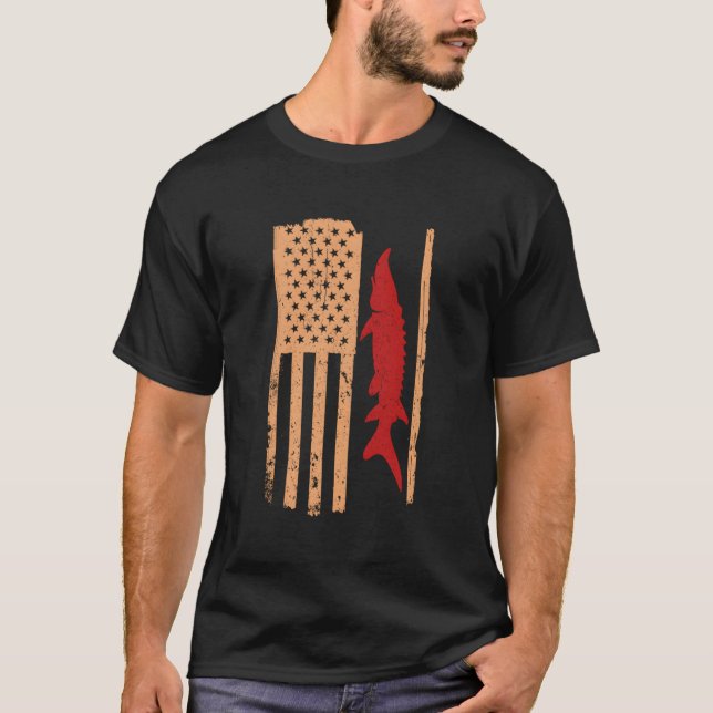 T-shirt Drapeau américain rétro de poisson esturgeon (Devant)