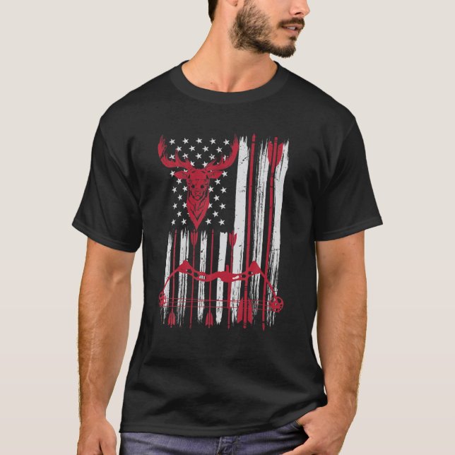 T-shirt Drapeau américain Tir à l'arc Bow Deer Bowhunting  (Devant)