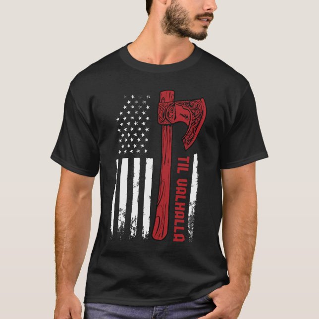 T-shirt Drapeau américain Viking Ax Til Valhalla Norse Myt (Devant)