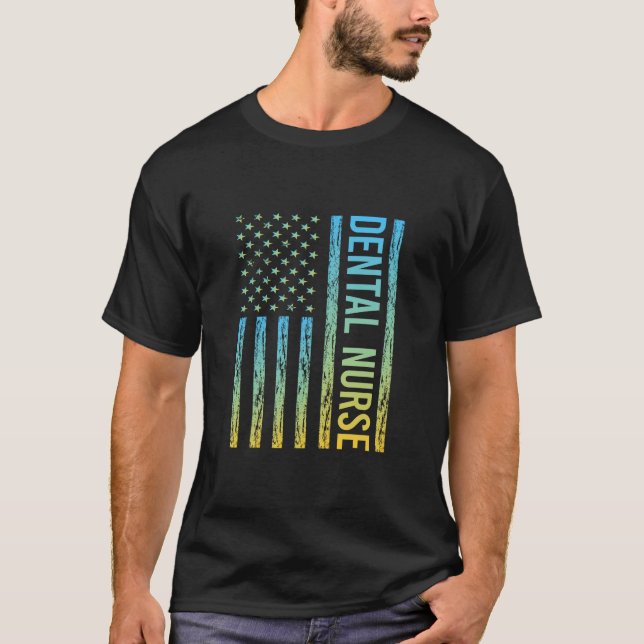 T-shirt Drapeau bleu jaune USA - Infirmière dentaire (Devant)