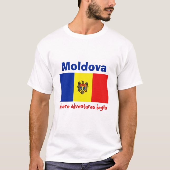 T-Shirt Drapeau + Carte + Texte de la Moldavie (Devant)