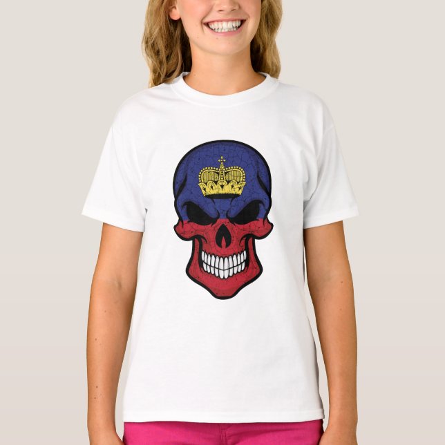 T-shirt Drapeau de crâne souriant du Liechtenstein (Devant)