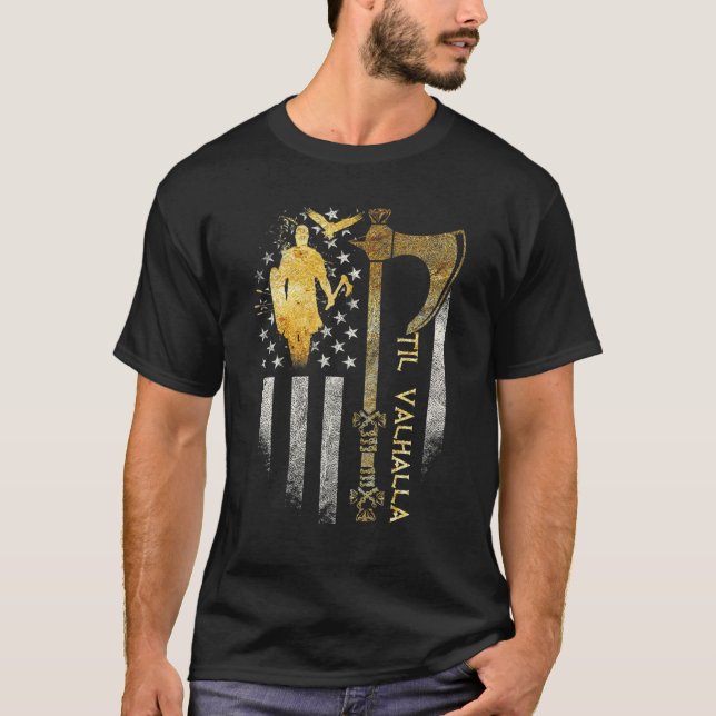T-shirt Drapeau de la hache viking américaine Til Valhalla (Devant)