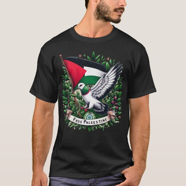 T-shirt Drapeau de Palestine libre, pigeon tenant une feui (Devant)