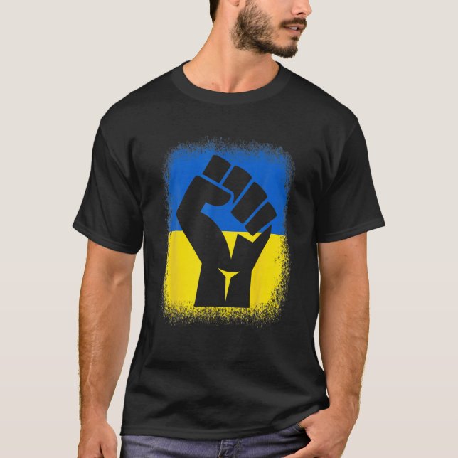 T-shirt Drapeau De Poing Bleu Je Me Tiens Avec Ukraine Sol (Devant)