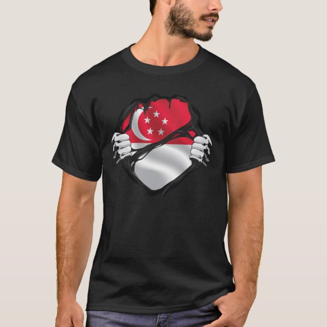 T-shirt Drapeau de racines pures de Singapour noir (Devant)
