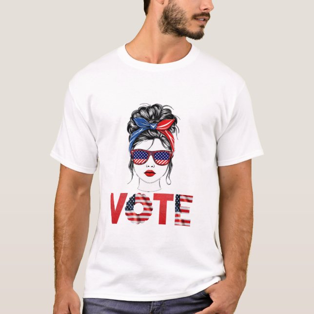 T-shirt Drapeau Messy Bun Girl Hair USA (Devant)