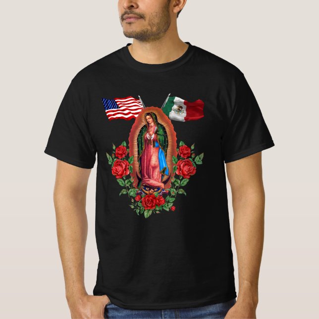 T-shirt Drapeau Mexicain Américain Notre Dame Virgen De Gu (Devant)