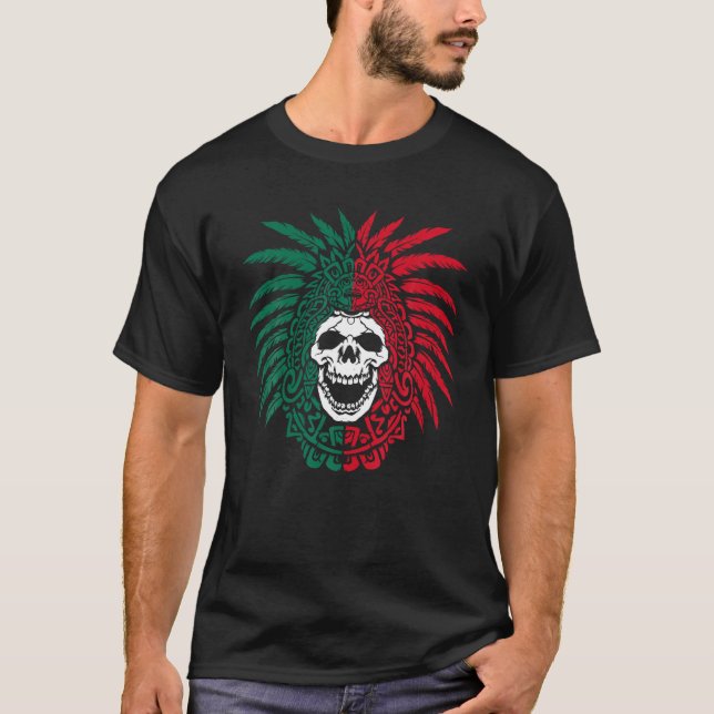 T-shirt Drapeau Mexique Aztec Guerrier Crâne Hecho En Mexi (Devant)