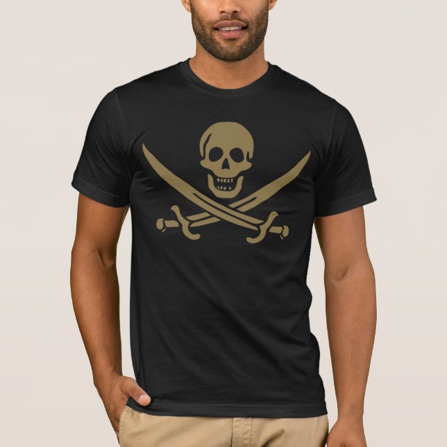 T-shirt Drapeau pirate de Calico Jack Crâne et épées dorés (Devant)