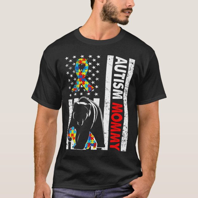 T-shirt Drapeau rétro américain Autisme maman ours sensibi (Devant)