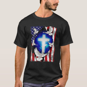 T-shirt Drapeau Rétro Lion Cross Christian American 4E De