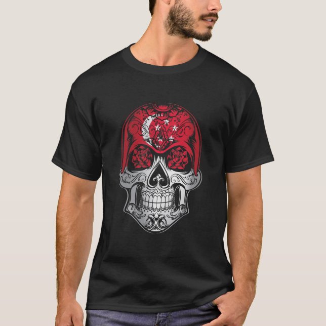 T-shirt Drapeau Rose et crâne de Singapour (Devant)