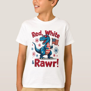 T-shirt Drapeau rouge blanc et rawr mignon Dinosaur USA