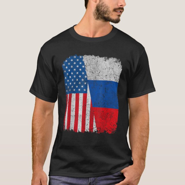 T-shirt Drapeau Russe Américain Moitié USA Russie Racine F (Devant)