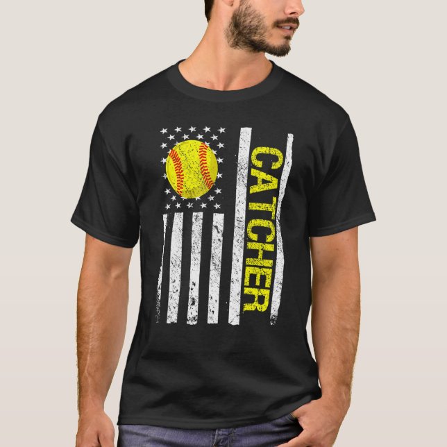 T-shirt Drapeau Softball Catcher American USA (Devant)