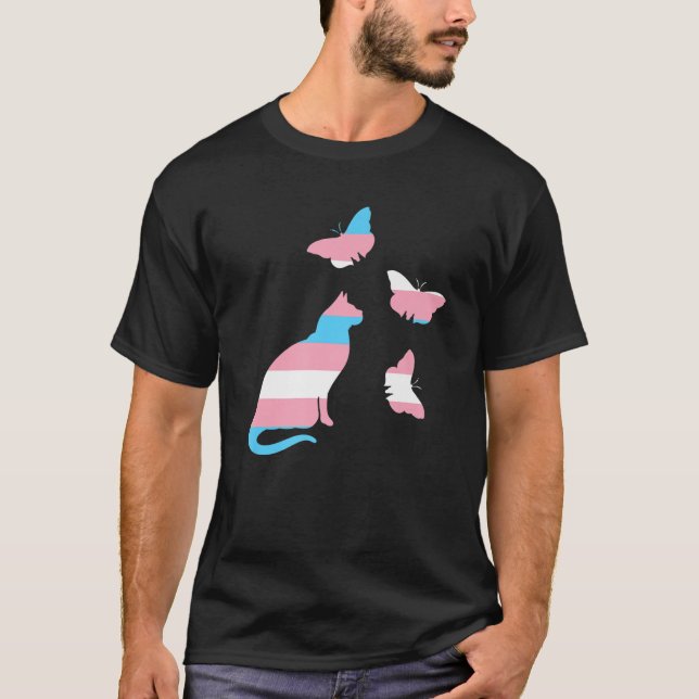 T-shirt Drapeau Transgenre Chat Et Papillons (Devant)