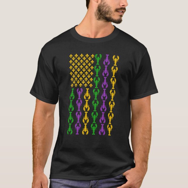 T-shirt Drapeau US Mardi Gras avec Fleur de Lis Crawfish (Devant)