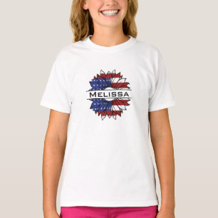 T-shirt Drapeau US Tournesol avec nom Fille