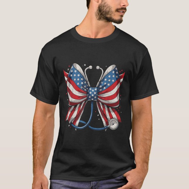 T-shirt Drapeau Usa Stethoscope Coquette Bow Rn Infirmière (Devant)