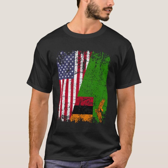 T-shirt Drapeau zambien à moitié américain, racines zambie (Devant)
