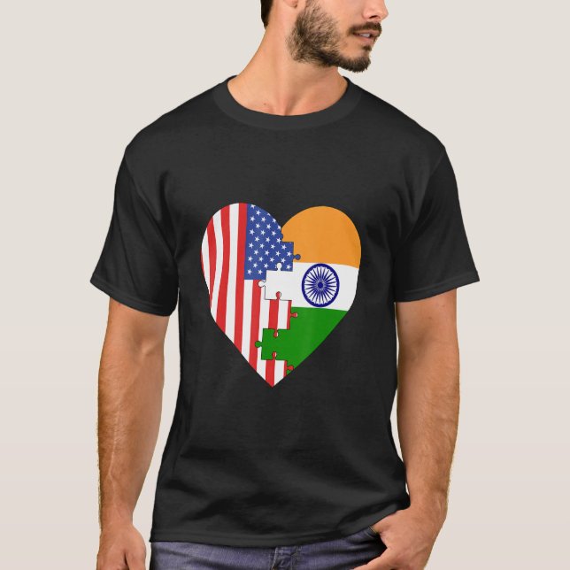 T-shirt Drapeaux USA et Inde Cœur (Devant)