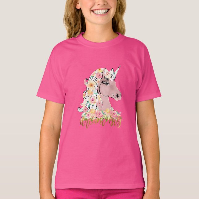 T-shirt Dream Big Floral Unicorn (Devant)