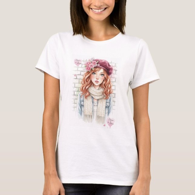 T-shirt Dream & Bloom Watercolor Girl Art Women's Fitted (Devant)