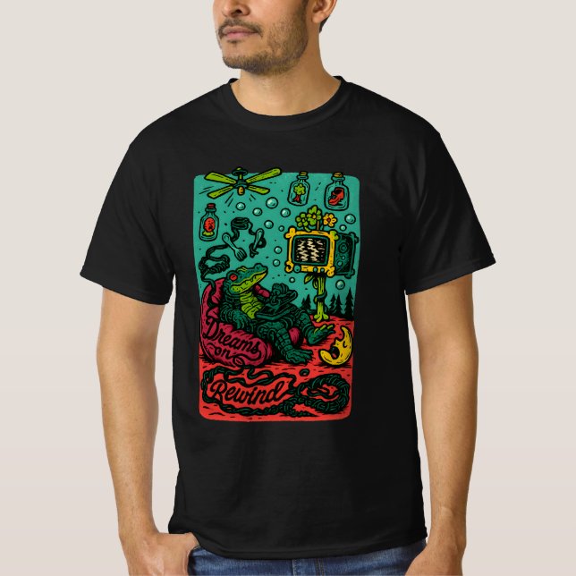 T-shirt Dreams on Rewind – Surreal Retro Alligator TV Art (Devant)