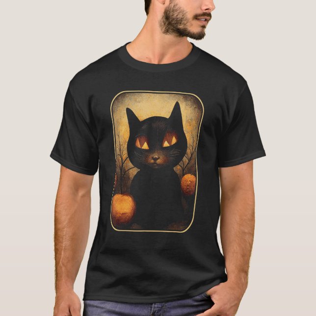 T-shirt Dreamy Black Cat in Magic Pumpkin Forest (Devant)