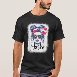 T-shirt Drôle 4 juillet Messy Bun Alaska Drapeau fille d'É