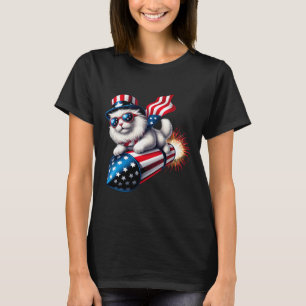 T-shirt Drôle 4 juillet Patriotic Cat Rocket avec Firewo
