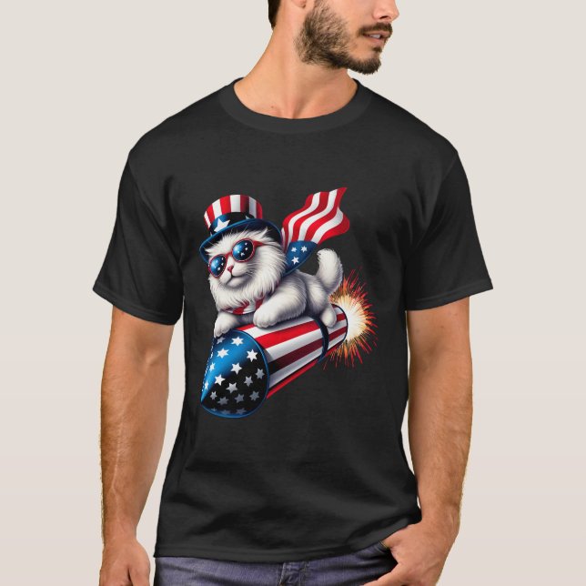 T-shirt Drôle 4 juillet Patriotic Cat Rocket avec Firewo (Devant)