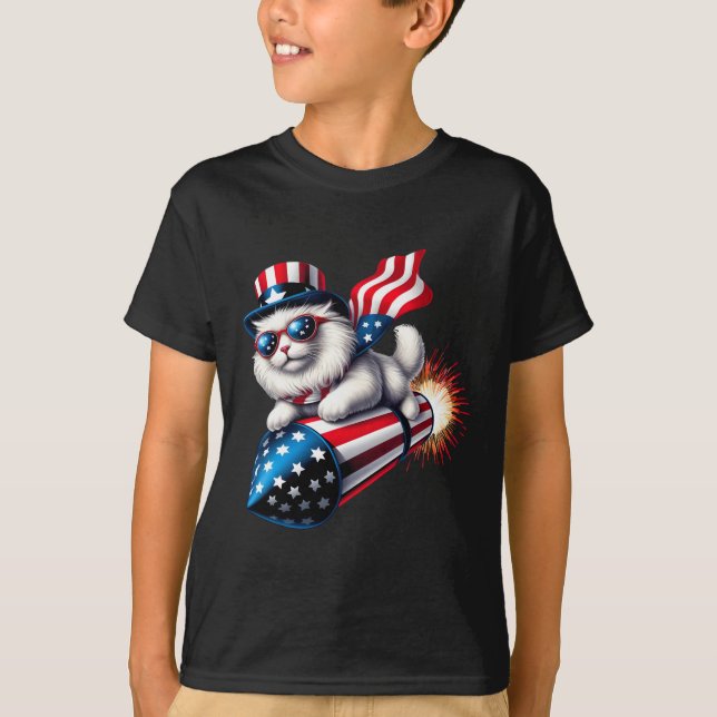 T-shirt Drôle 4 juillet Patriotic Cat Rocket avec Firewo (Devant)