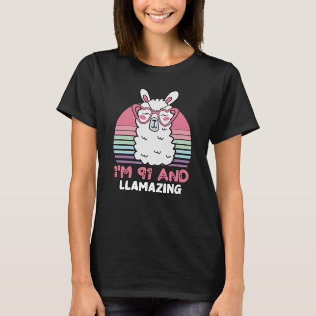 T-shirt Drôle Adorable Llama 91e Anniversaire Cadeau Pour  (Devant)