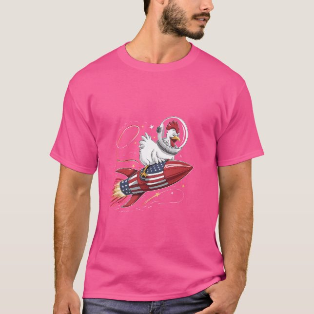T-shirt Drôle Astronaut de poulets Drapeau américain Fusée (Devant)