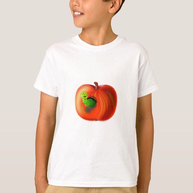 T-shirt drôle avec ver heureux dans la pomme rouge (Devant)