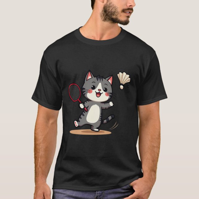 T-shirt Drôle Badminton mignon Chat Racket Shutette Hommes (Devant)