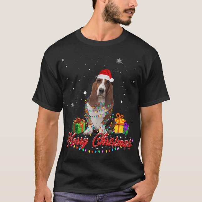 T-shirt Drôle Basset Hound Chien Noël Père Noël Noël L (Devant)