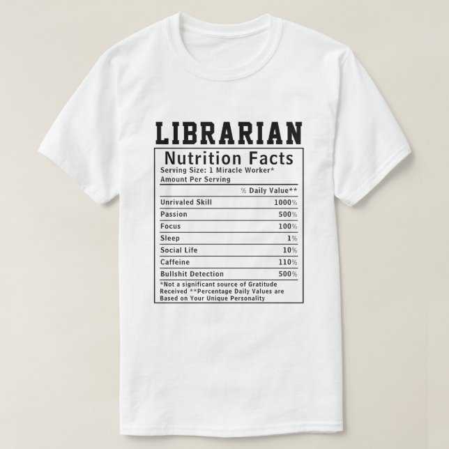 T-shirt Drôle Bibliothécaire Valeur nutritive Personnel em (Design devant)